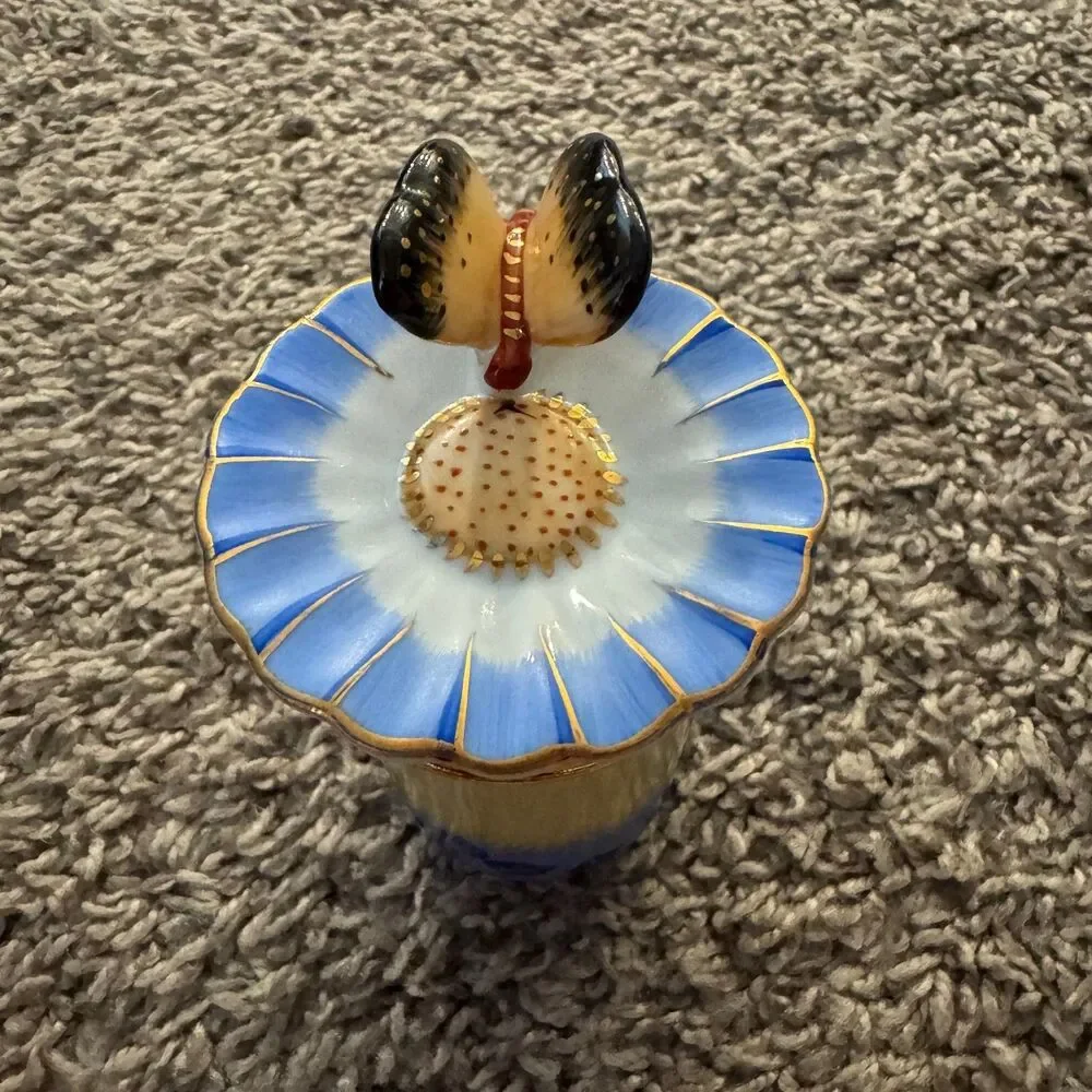 Vintage Bombay Company Porcelain Hinged Trinket Box Candle Butterfly Blue Flower
